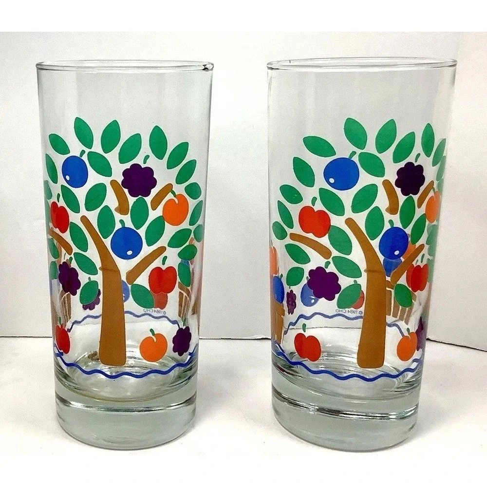 NEW 2 Vintage 1984 CHD‎ Glasses/Tumbers Tree & Fruit Design Apple Orchard Nice !
